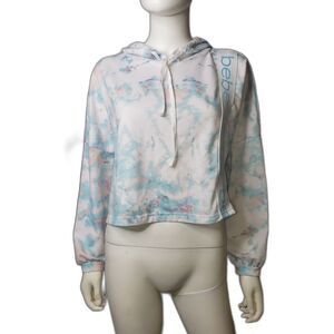 Bebe Hoodie Womens Medium Blue Pink Tie Dye Cropped Pullover Sweatshirt Logo